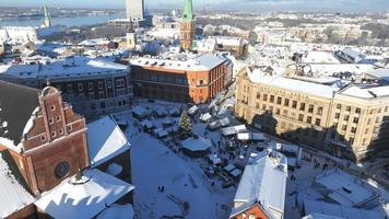 Beautiful aerial view of the Riga old town from above during magical sunny winter. Capital of Latvia.