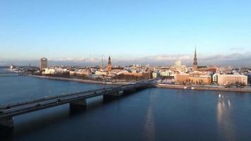 Beautiful aerial view of the Riga old town from above during magical sunny winter. Capital of Latvia.