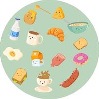 Cute Cartoon Breakfast Elements with Croissant Cereal Milk Cheese Tea. Premium Vector