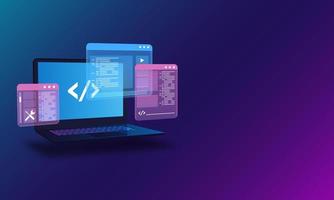 concepto de interfaz de usuario de desarrollo web, programación y prueba de código con computadora portátil que muestra código futurista vector