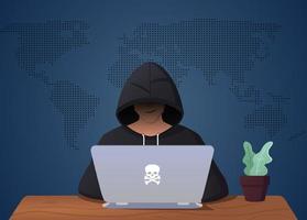 hacker pirateando en la computadora portátil, hombre disfrazado de ilustración vector