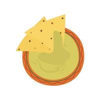Traditional Mexican guacamole sauce and 2 nachos corn chips in a bowl in cartoon style. Mexican food vector