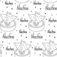 patrón sin fin con nachos de chips de maíz mexicanos y salsa en un tazón con nachos de letras a mano vector