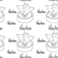 Seamless pattern with Mexican corn chips Nachos and sauce in a bowl with lettering Nachos by hand vector