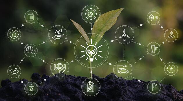 Fondo de ilustración de vector de negocio sostenible o negocio verde con concepto de icono de conexión relacionado con el conjunto de iconos ambientales respetuosos con el medio ambiente. banners de cabecera web y social para esg. foto