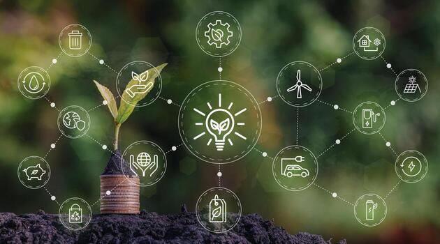 Fondo de ilustración de vector de negocio sostenible o negocio verde con concepto de icono de conexión relacionado con el conjunto de iconos ambientales respetuosos con el medio ambiente. banners de cabecera web y social para esg. foto