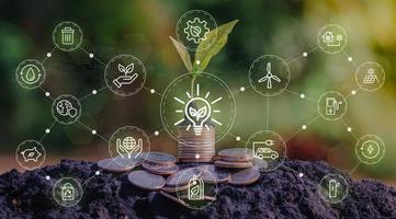 Fondo de ilustración de vector de negocio sostenible o negocio verde con concepto de icono de conexión relacionado con el conjunto de iconos ambientales respetuosos con el medio ambiente. banners de cabecera web y social para esg. foto