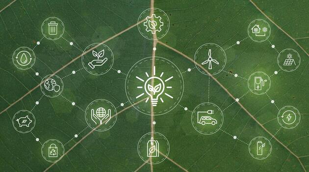 Fondo de ilustración de vector de negocio sostenible o negocio verde con concepto de icono de conexión relacionado con el conjunto de iconos ambientales respetuosos con el medio ambiente. banners de cabecera web y social para esg. foto