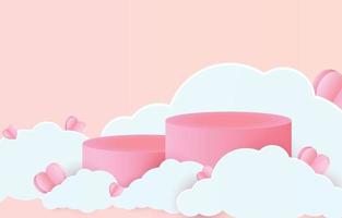 Valentine's day concept background. vector illustration podium decorated with clouds. sweet and pink paper cut hearts with Round pedestal. Cute love sale banner or greeting card