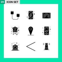 Pack of 9 Modern Solid Glyphs Signs and Symbols for Web Print Media such as old clock smart phone home interface Editable Vector Design Elements