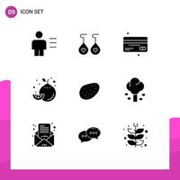 Group of 9 Modern Solid Glyphs Set for food lemon card fruit finance Editable Vector Design Elements