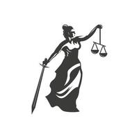 Ilustración de diseño de símbolo de diosa de la justicia. mujer sosteniendo escamas y espada, mujer con los ojos vendados tomando inspiración en el diseño del logotipo de la corte vector