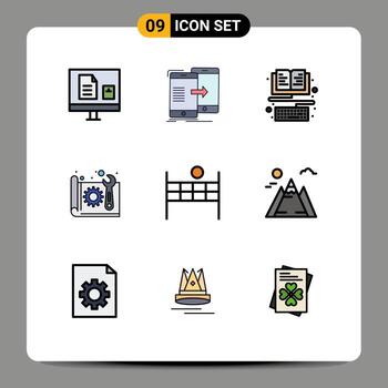 Pictogram Set of 9 Simple Filledline Flat Colors of paper blue print synchronization architecture education Editable Vector Design Elements