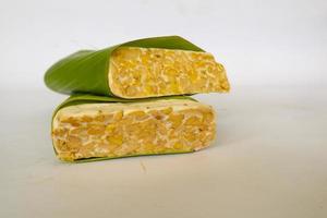 Raw tempeh or tempe. tempeh slices in white background. raw soybean seeds. Tempe is a traditional Indonesian food made from fermented soybeans. photo