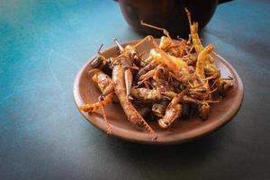 fried grasshopper or belalang goreng is traditional food from southeast asia, served with sambal, onion, garlic, chili on wood background photo