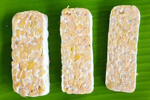 Raw tempeh or tempe. tempeh slices in white background. raw soybean seeds. Tempe is a traditional Indonesian food made from fermented soybeans. photo