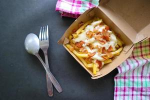 fried fries with with melted cheddar cheese or fried cheese with topping sausage slices on box photo