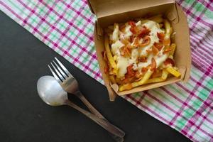 fried fries with with melted cheddar cheese or fried cheese with topping sausage slices on box