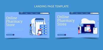 Online pharmacy and medicine help care flat landing page vector illustration