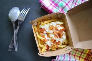 fried fries with with melted cheddar cheese or fried cheese with topping sausage slices on box photo