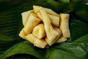 tapai or tape or peuyeum are traditional foods , snacks from indonesia, made from fermented cassava. Served on banana leaf photo