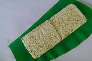 Raw tempeh or tempe. tempeh slices in white background. raw soybean seeds. Tempe is a traditional Indonesian food made from fermented soybeans. photo