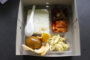 lunch boxes gudeg are similar to Bento boxes - rice boxes, rice, catering boxes, food services ,rice warm, sweet eggs, krecek, tofu, tempeh, pieces of chicken, photo