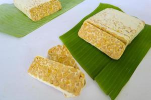 Raw tempeh or tempe. tempeh slices in white background. raw soybean seeds. Tempe is a traditional Indonesian food made from fermented soybeans. photo