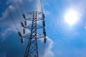 the pylon outline, Very High Voltage Power Lines Indonesia  SUTET on blue sky photo