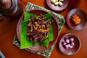 fried grasshopper or belalang goreng is traditional food from southeast asia, served with sambal, onion, garlic, chili on wood background photo