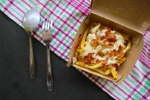 fried fries with with melted cheddar cheese or fried cheese with topping sausage slices on box photo