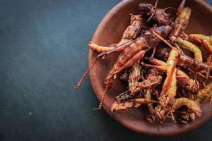 fried grasshopper or belalang goreng is traditional food from southeast asia, served with sambal, onion, garlic, chili on wood background photo