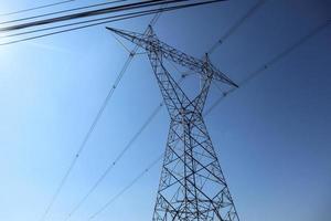 High voltage transmission towers. the pylon outline Very High Voltage Power Lines Indonesia  SUTET on blue sky photo