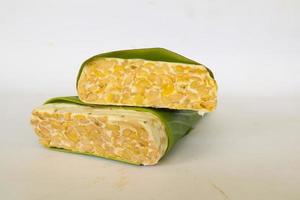 Raw tempeh or tempe. tempeh slices in white background. raw soybean seeds. Tempe is a traditional Indonesian food made from fermented soybeans. photo