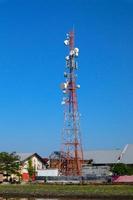 communication tower. Telco Trellis for 3G 4G 5G Apocalypse Internet Communication, mobile, FM Radio and Television Broadcasting On Air with Blue Sky in Background photo