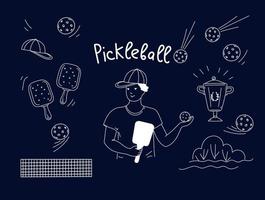 Pickleball game doodle set. Vector outline illustration.