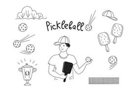 Pickleball game doodle set. Vector outline illustration.