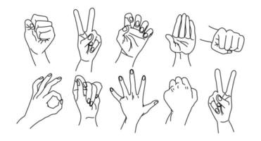 conjunto de contornos dibujados de manos humanas. juego de manos en una colección de varios gestos, ilustración vectorial al estilo de un simple boceto de garabato lineal vector