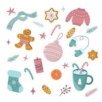 Vector set of holiday icons. Christmas ornaments, candles, gift boxes, candy, christmas toys, sweater, gingerbread cookies, gift.
