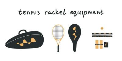 Flat vector illustration. Hand drawn tennis equipment, racket, bag, grip, protection