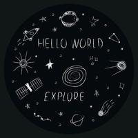 Doodle cosmos illustration set in childish style in circle, design clipart. Hand drawn abstract space elements with lettering. Black and white. vector