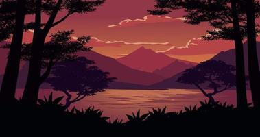 paisaje de puesta de sol con montañas y lagos vistos desde el bosque oscuro. ilustración de paisaje vectorial vector