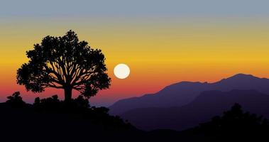 Sunset in the mountains with  trees in silhouette. Vector landscape illustration.svg