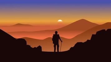 puesta de sol en montañas nubladas con un explorador parado en la montaña. paisaje de naturaleza vectorial vector