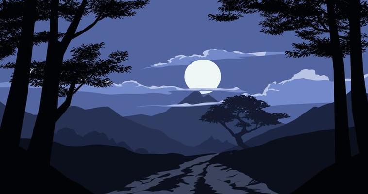 Moonlight over the mountain.Night scenery wiewed from the dark forest.Vector landscape illustration