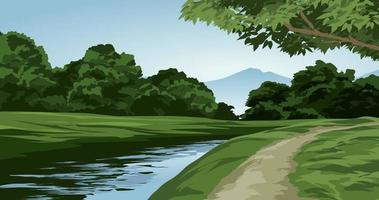Beautiful river and forest scenery. Vector nature landscape