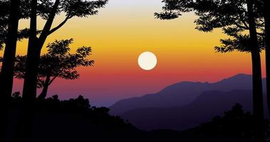 Sunset over the mountains with  trees in silhouette. Vector landscape illustration