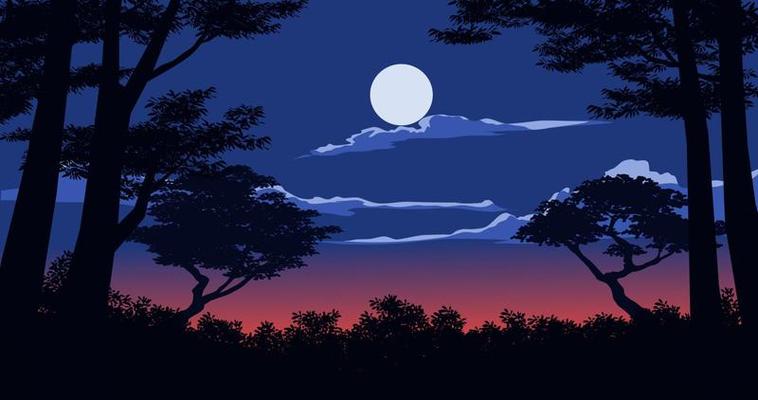 Night scenery with trees in silhouette and full moon wiewed from the dark forest.Vector landscape illustration