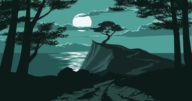 Moonlight over the sea with a tree on the edge of cliff. Night scenery wiewed from the dark forest.Vector landscape illustration vector