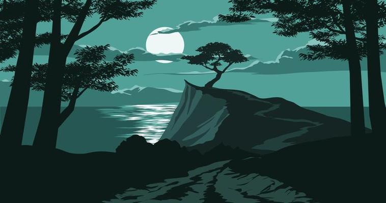 Moonlight over the sea with a tree on the edge of cliff. Night scenery wiewed from the dark forest.Vector landscape illustration